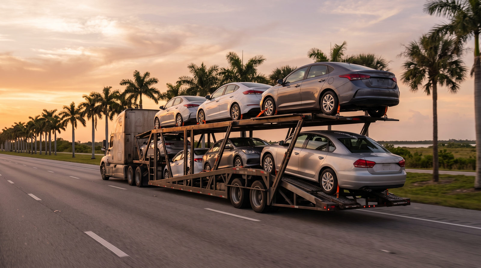 Open car carrier loaded with sedans on a highway at sunset, palm trees lining the road