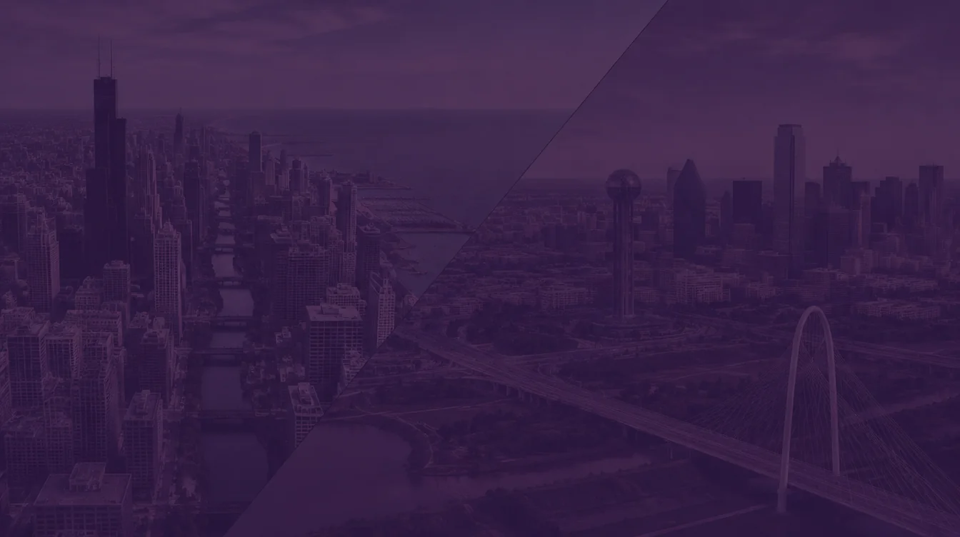 Aerial views of the Chicago and Dallas skylines under a dark purple overlay