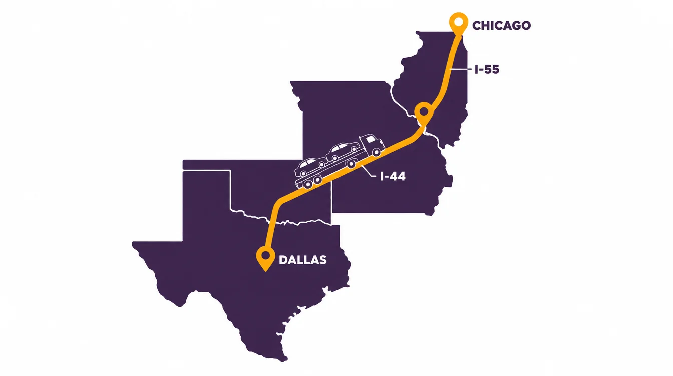 Route map from Chicago to Dallas along I-55 and I-44 with a car hauler on the route
