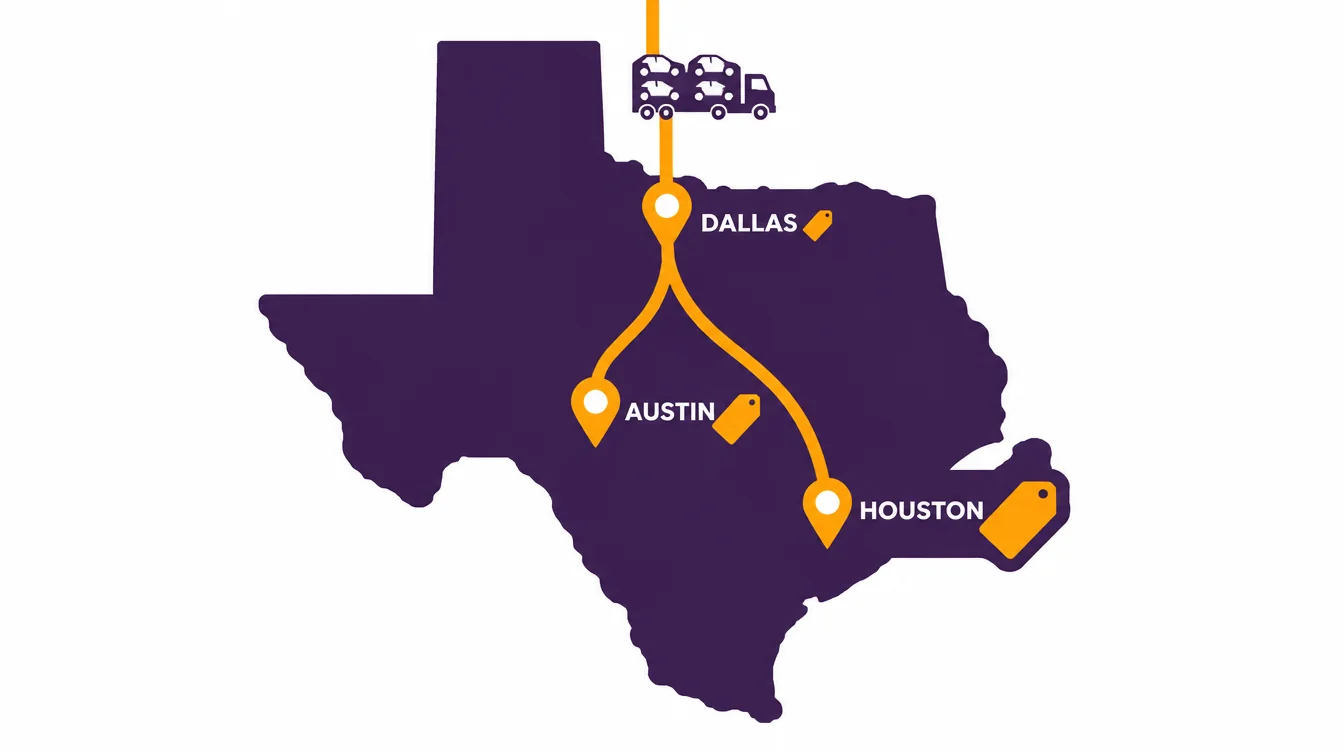 Texas map with the route branching from Dallas to Austin and Houston, with larger price tags for farther deliveries