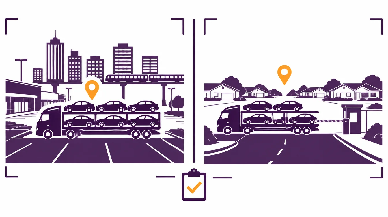 Car hauler at a Chicago parking lot pickup beside an elevated train, and at a gated Texas community for delivery
