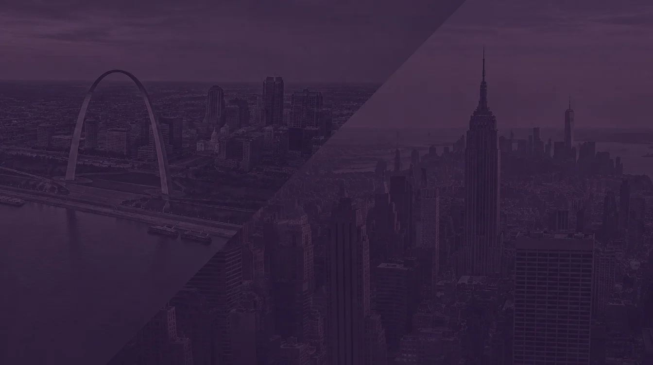 Aerial views of the St. Louis Gateway Arch riverfront and the Manhattan skyline under a dark purple overlay