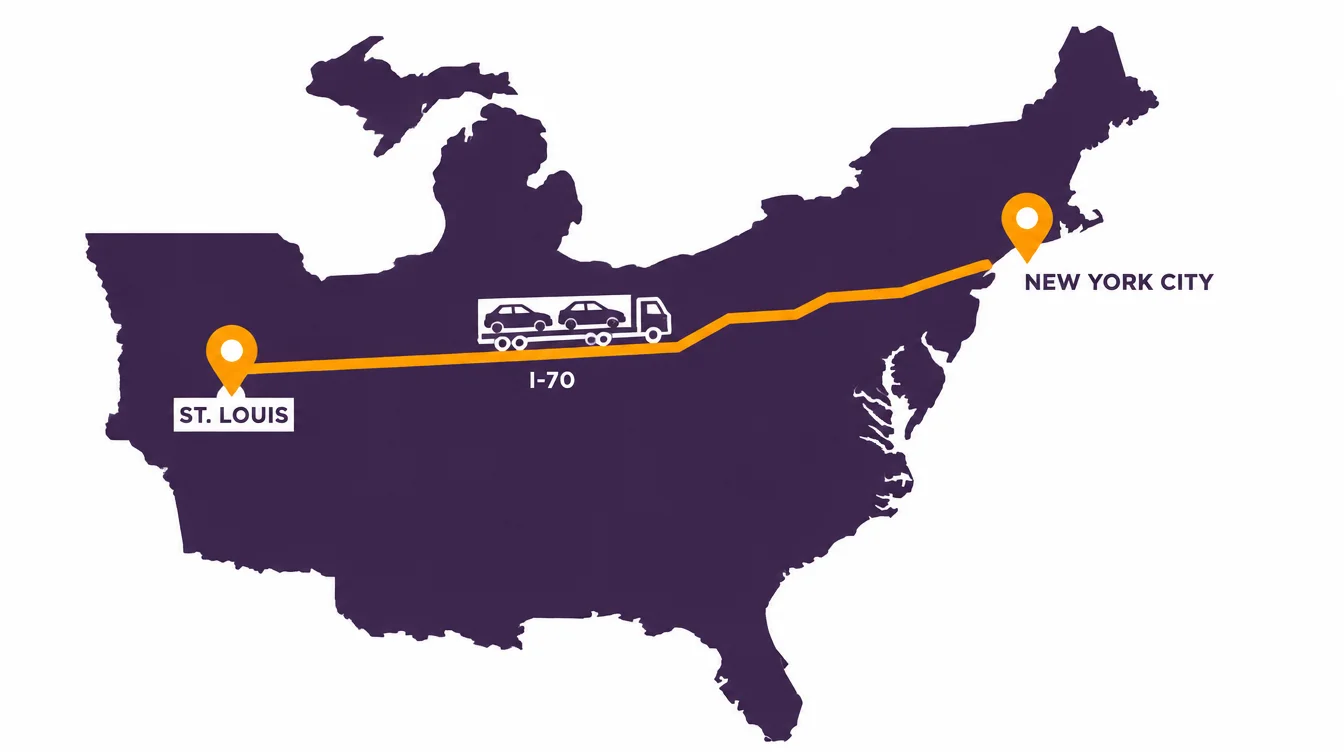 Route map from St. Louis to New York City along I-70 with a car hauler on the route