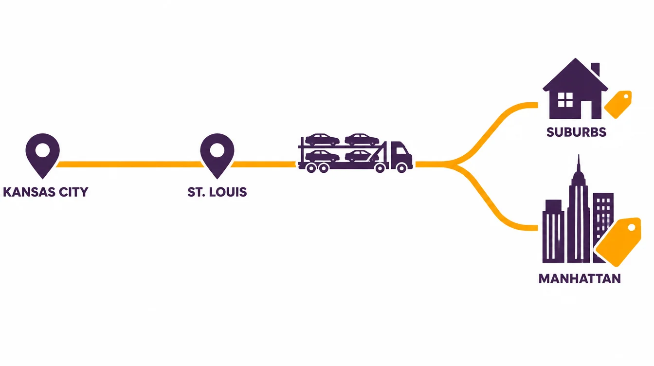Route from Kansas City and St. Louis branching to a suburban home and to Manhattan, with a larger price tag for the Manhattan delivery