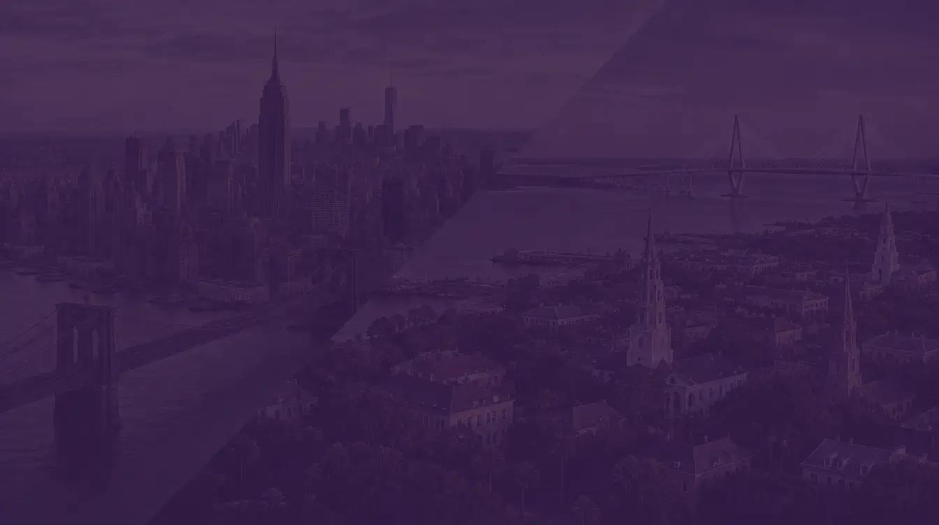 Aerial views of the New York City skyline and the Charleston peninsula with the Ravenel Bridge under a dark purple overlay
