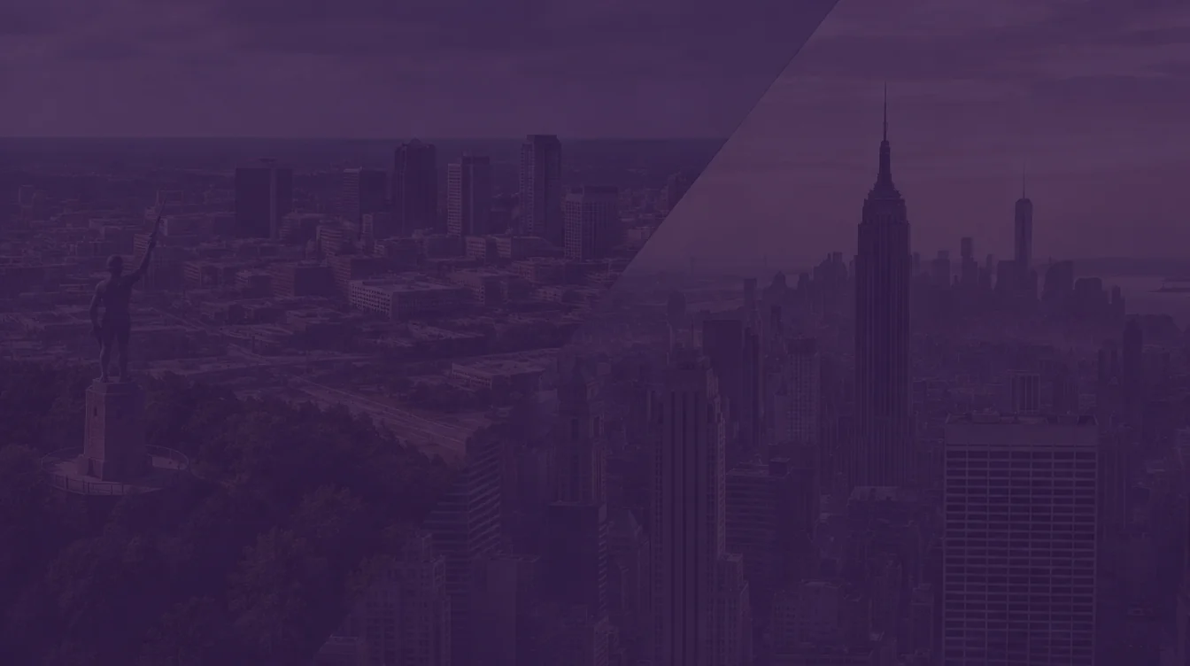 Aerial views of downtown Birmingham with the Vulcan statue and the Manhattan skyline under a dark purple overlay