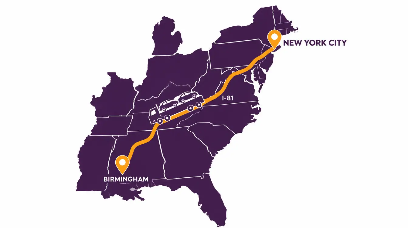 Route map from Birmingham, Alabama to New York City along I-81 with a car hauler on the route
