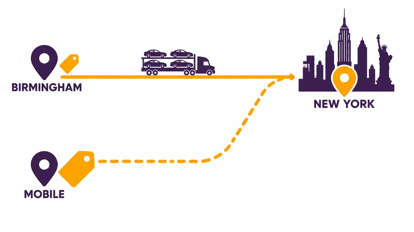 Direct route from Birmingham and a longer dashed detour from Mobile to New York, with a larger price tag on the Mobile route