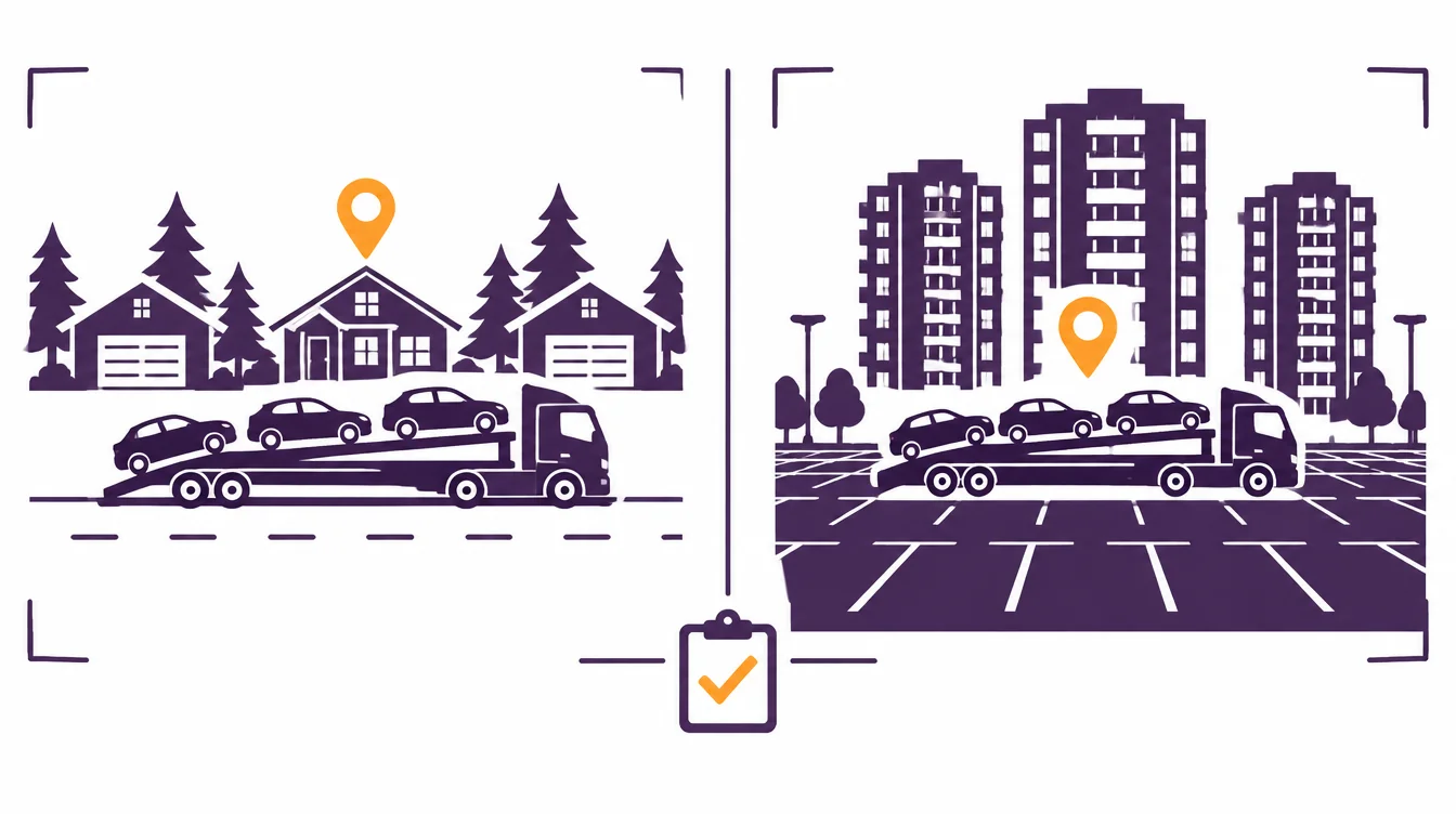 Car hauler on a suburban street with pine trees for pickup, and in a city parking lot beside apartment towers for delivery