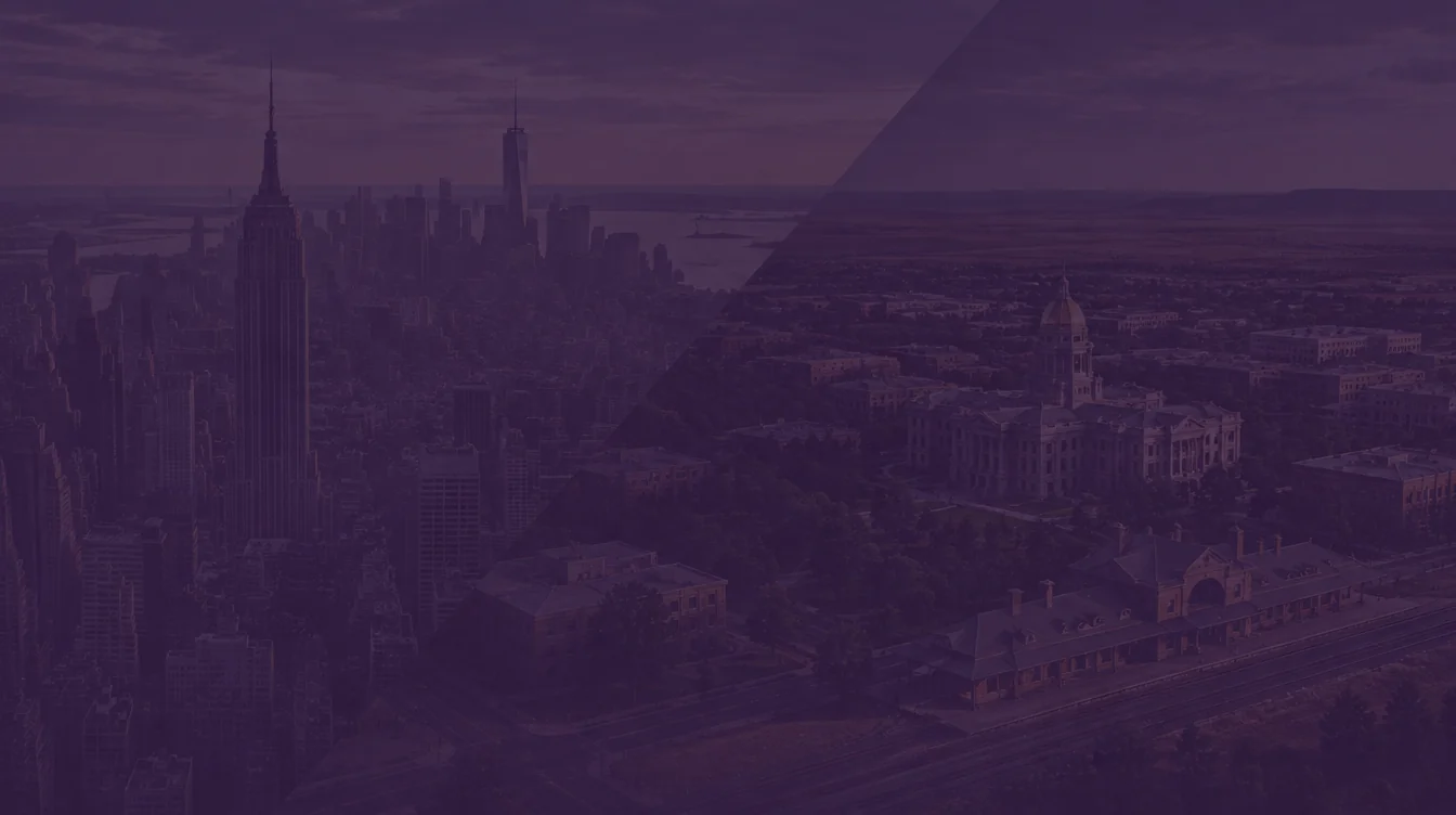 Aerial views of the New York City skyline with the Empire State Building and of Cheyenne with the Wyoming State Capitol and Union Pacific depot under a dark purple overlay