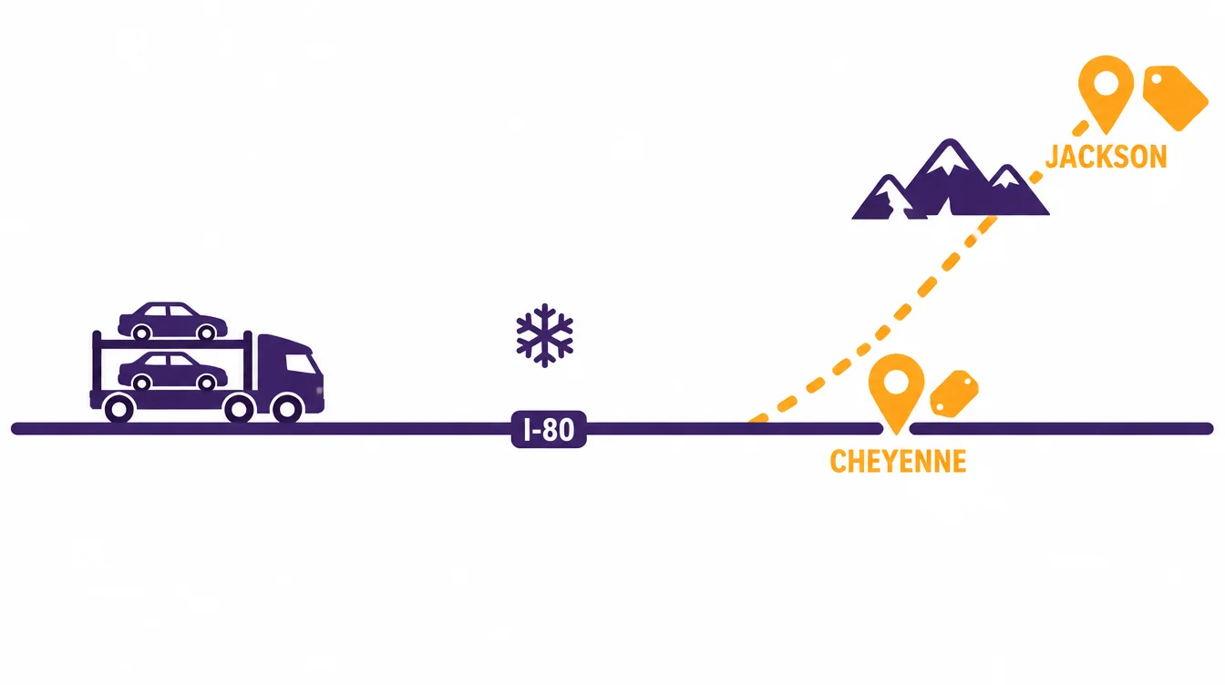 Car hauler on I-80 with a short stop at Cheyenne and a longer dashed detour through the mountains to Jackson marked with a larger price tag