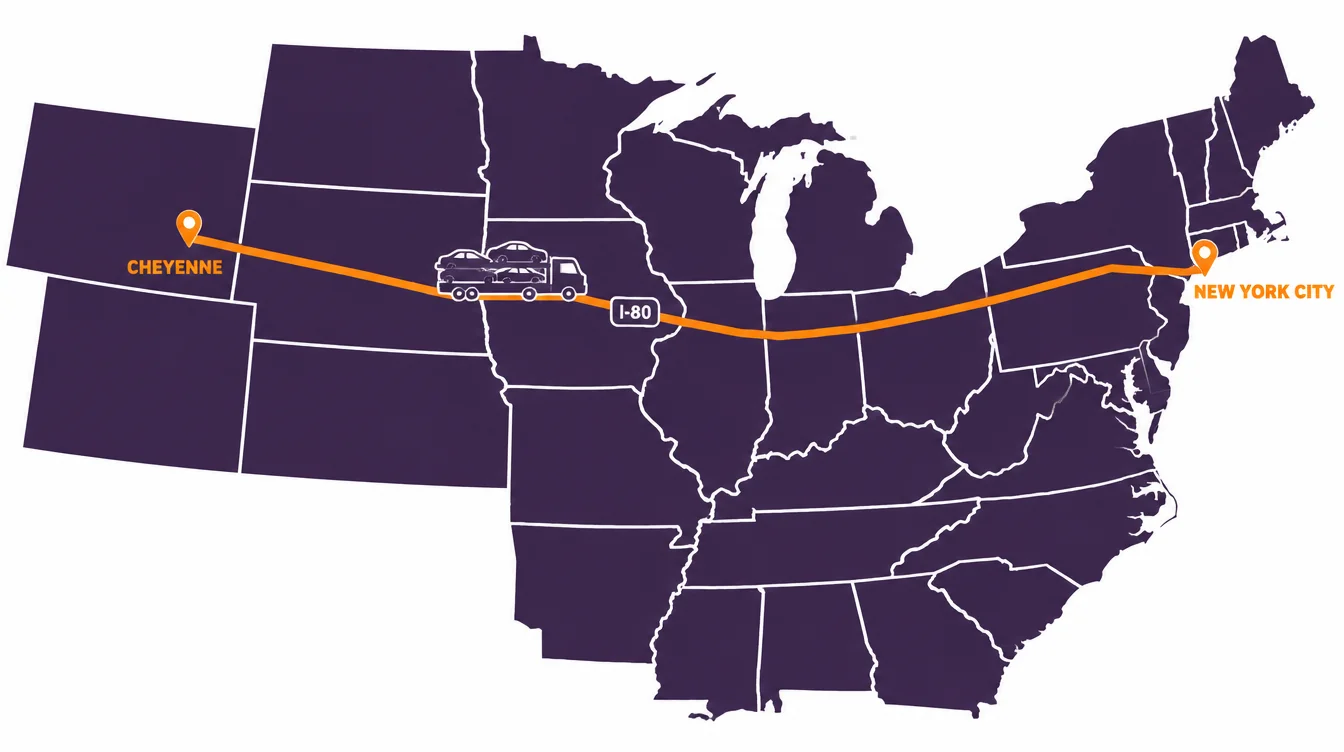 Route map from New York City to Cheyenne, Wyoming along I-80 with a car hauler on the route
