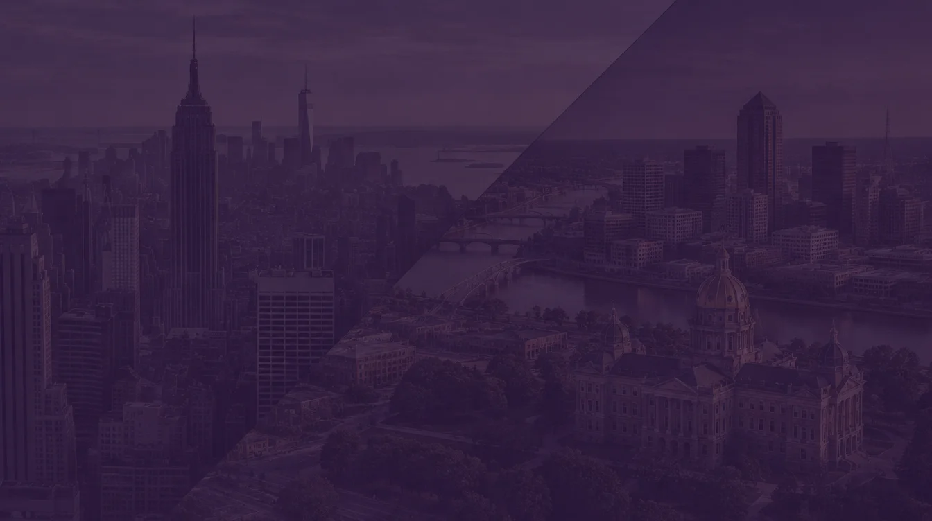 Aerial views of the New York City skyline with the Empire State Building and of downtown Des Moines with the Iowa State Capitol dome under a dark purple overlay