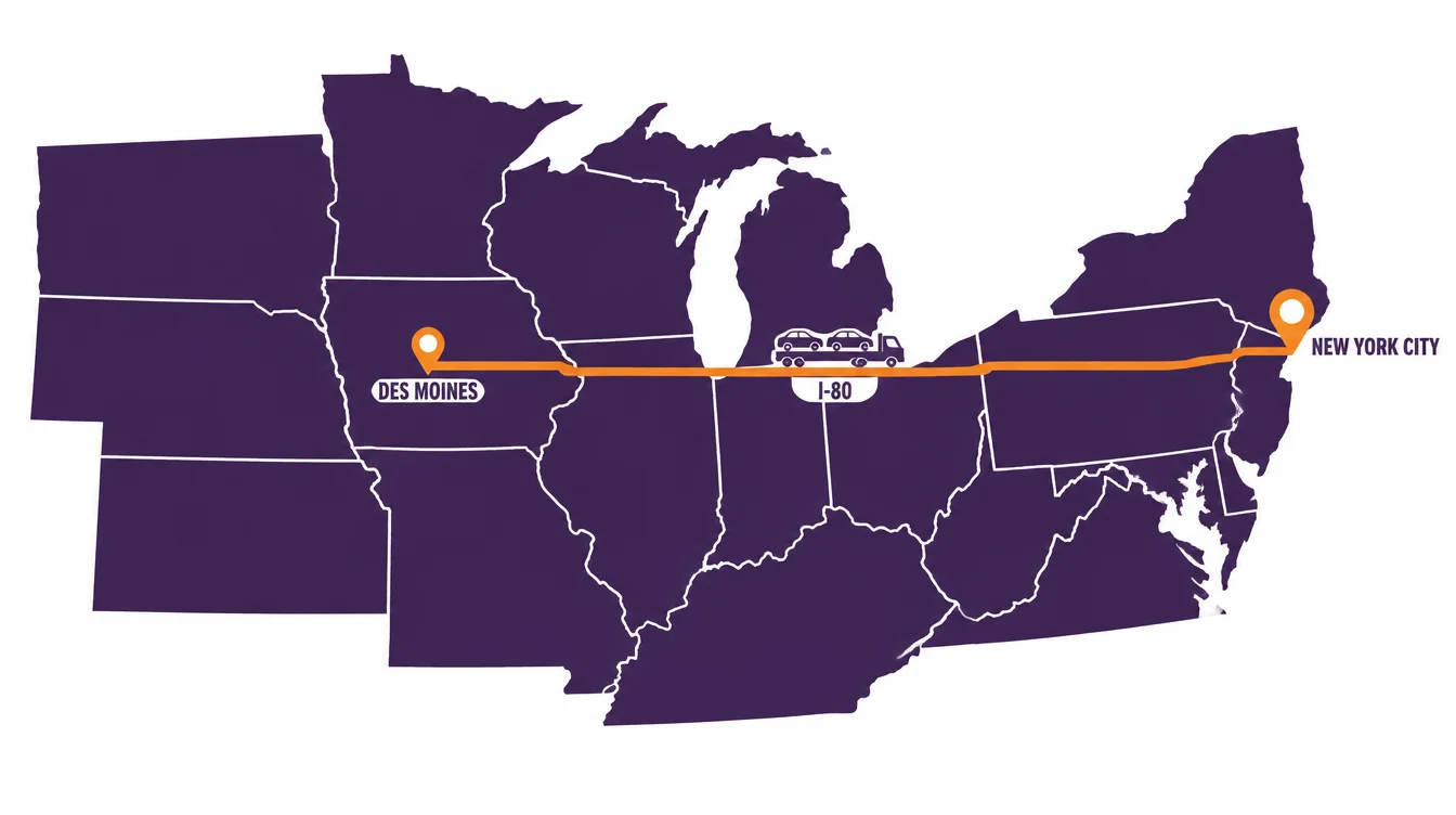 Route map from New York City to Des Moines, Iowa along I-80 with a car hauler on the route