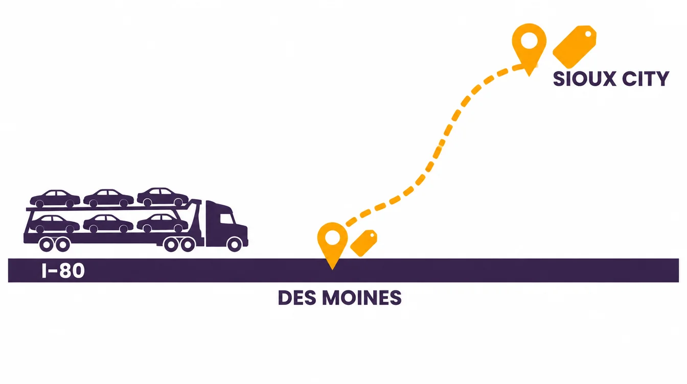Car hauler on I-80 with a short stop at Des Moines and a longer dashed detour north to Sioux City marked with a larger price tag