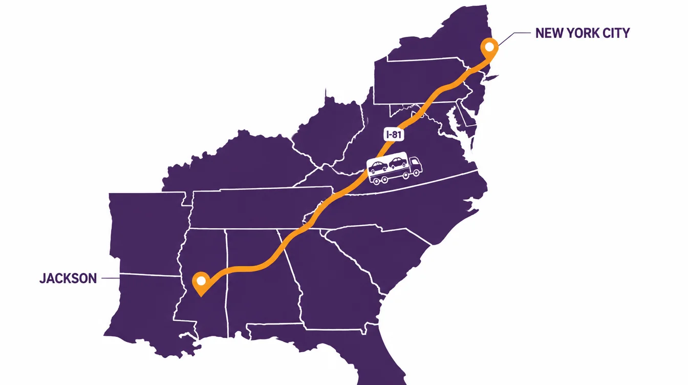 Route map from New York City to Jackson, Mississippi along I-81 with a car hauler on the route