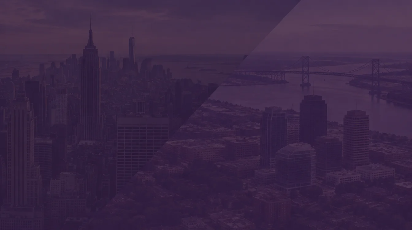 Aerial views of the Midtown Manhattan skyline with the Empire State Building and of a downtown riverfront with the twin spans of the Delaware Memorial Bridge under a dark purple overlay