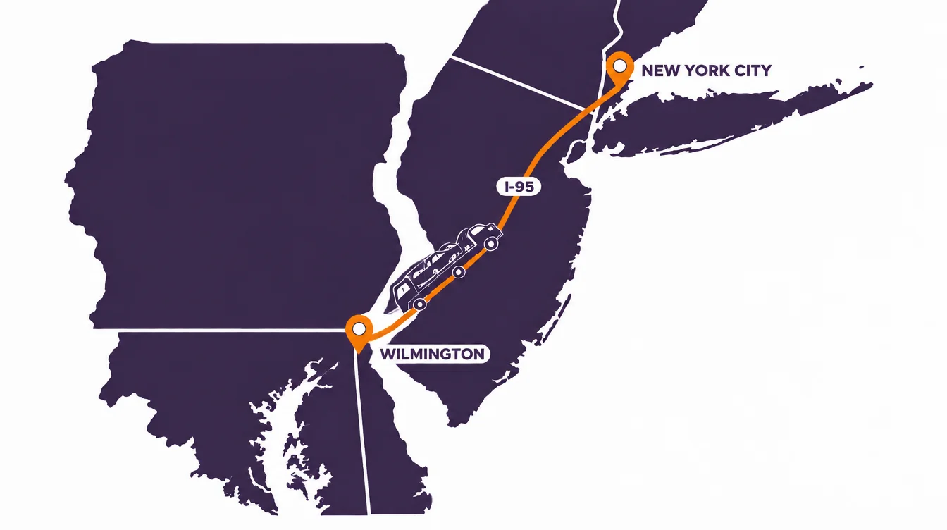 Route map from New York City to Wilmington, Delaware along I-95 across New Jersey, with a car hauler on the route