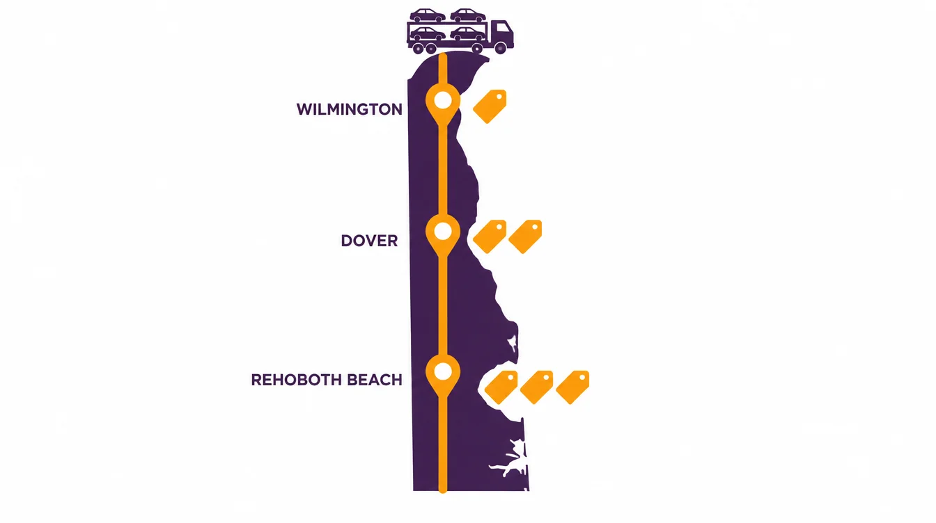 Delaware map with a car hauler route running south past Wilmington, Dover and Rehoboth Beach, with more price tags at each stop farther south