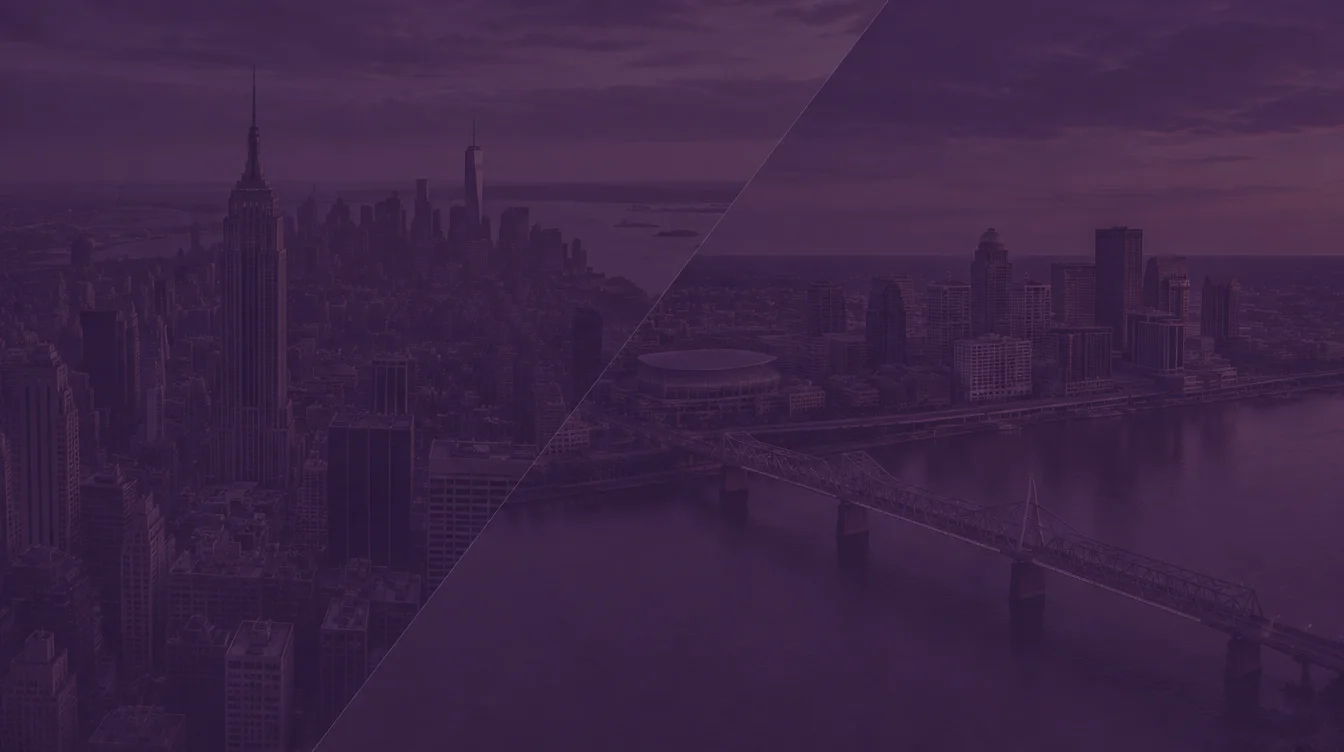 New York City skyline with the Empire State Building and One World Trade Center, joined diagonally to a riverfront skyline and truss bridge, under a dark purple tint