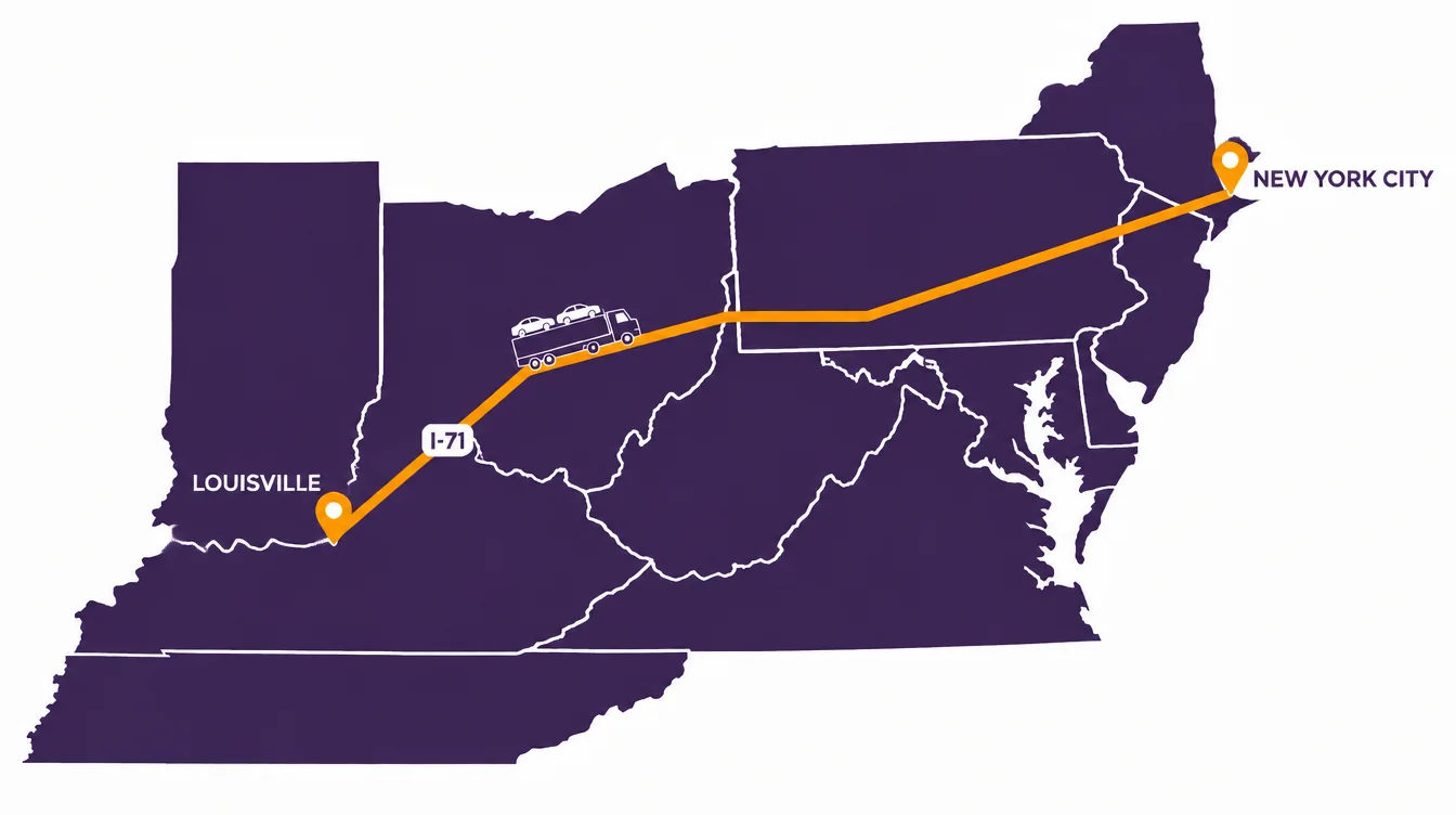 Map of the car shipping route from New York City across Pennsylvania and Ohio, following I-71 to Louisville, Kentucky