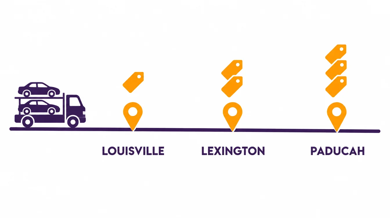 Car hauler on a road with pins for Louisville, Lexington and Paducah, marked with one, two and three price tags to show cost rising toward Paducah