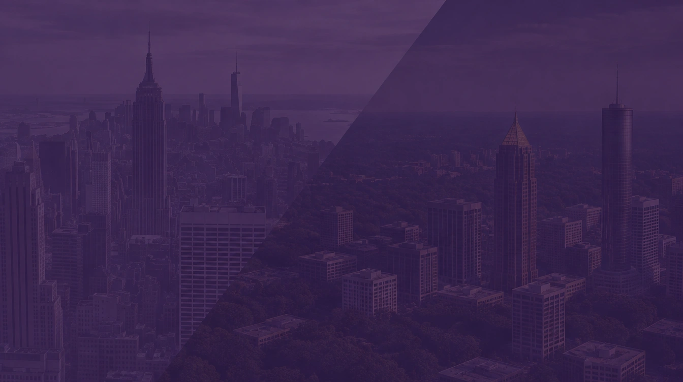 New York City skyline with the Empire State Building and One World Trade Center, joined diagonally to the downtown Atlanta skyline with Bank of America Plaza, under a dark purple tint