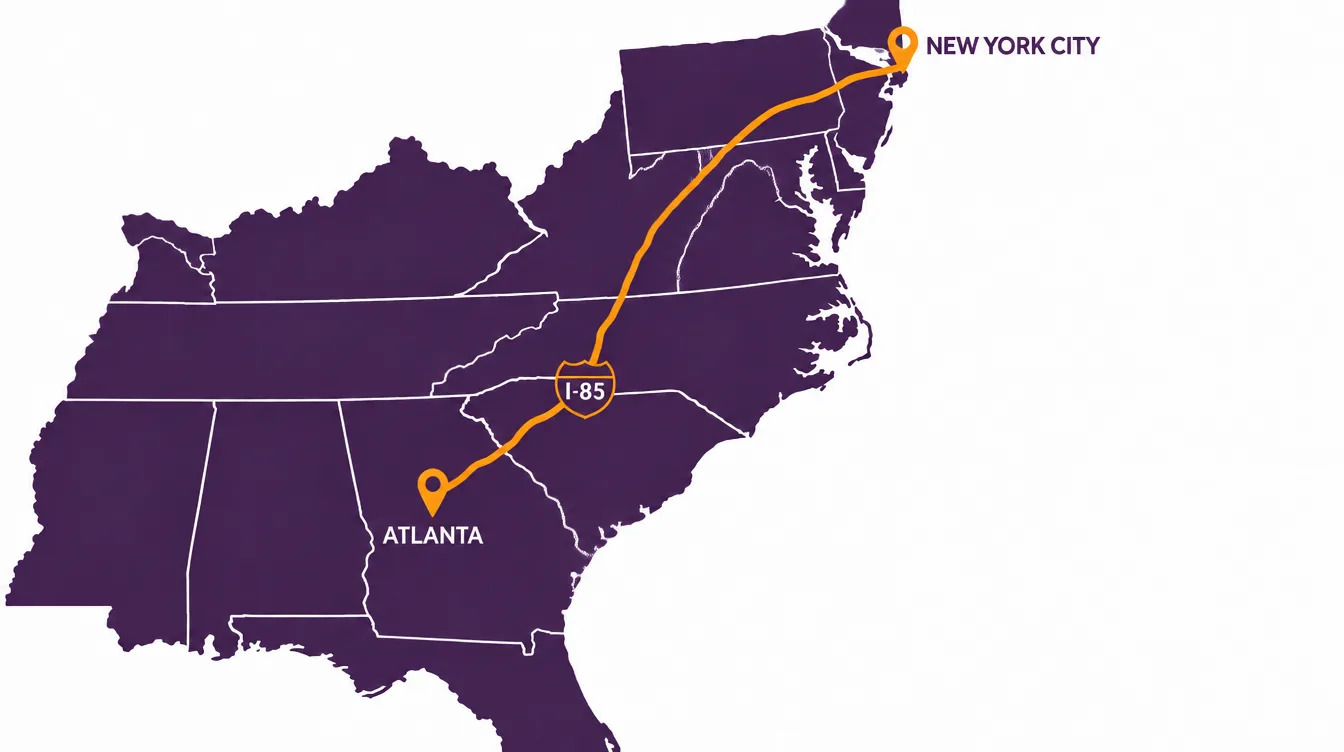 Map of the car shipping route from New York City inland through Pennsylvania and Virginia, then along I-85 through the Carolinas to Atlanta, Georgia