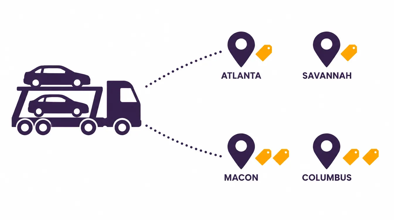 Car hauler with routes to Atlanta and Savannah marked with one price tag each and to Macon and Columbus marked with two, showing cost rising beyond Atlanta