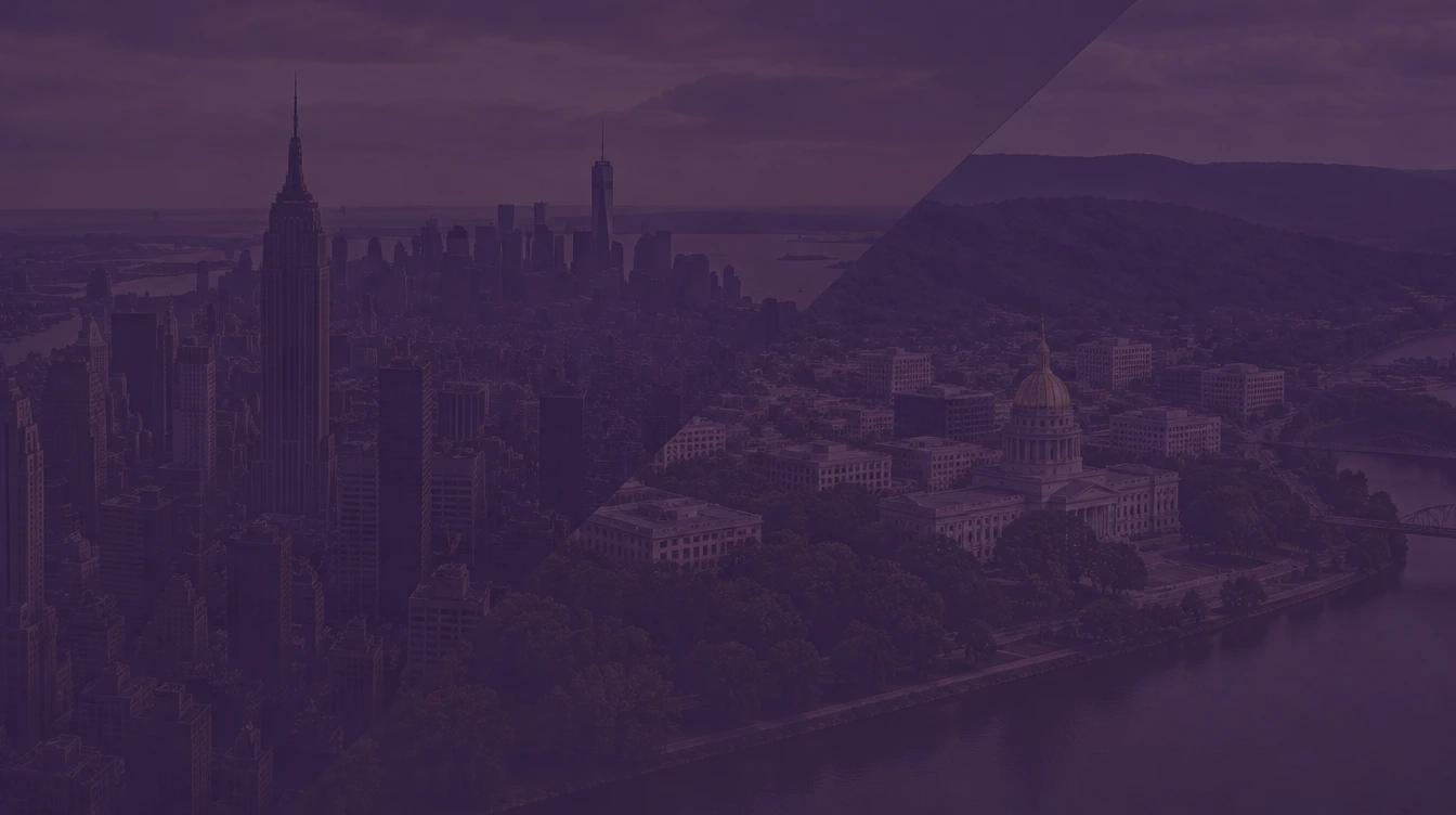 New York City skyline with the Empire State Building and One World Trade Center, joined diagonally to Charleston, West Virginia, with the gold-domed State Capitol beside the river and wooded hills, under a dark purple tint