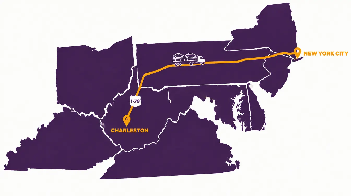 Map of the car shipping route from New York City west across Pennsylvania and south on I-79 to Charleston, West Virginia