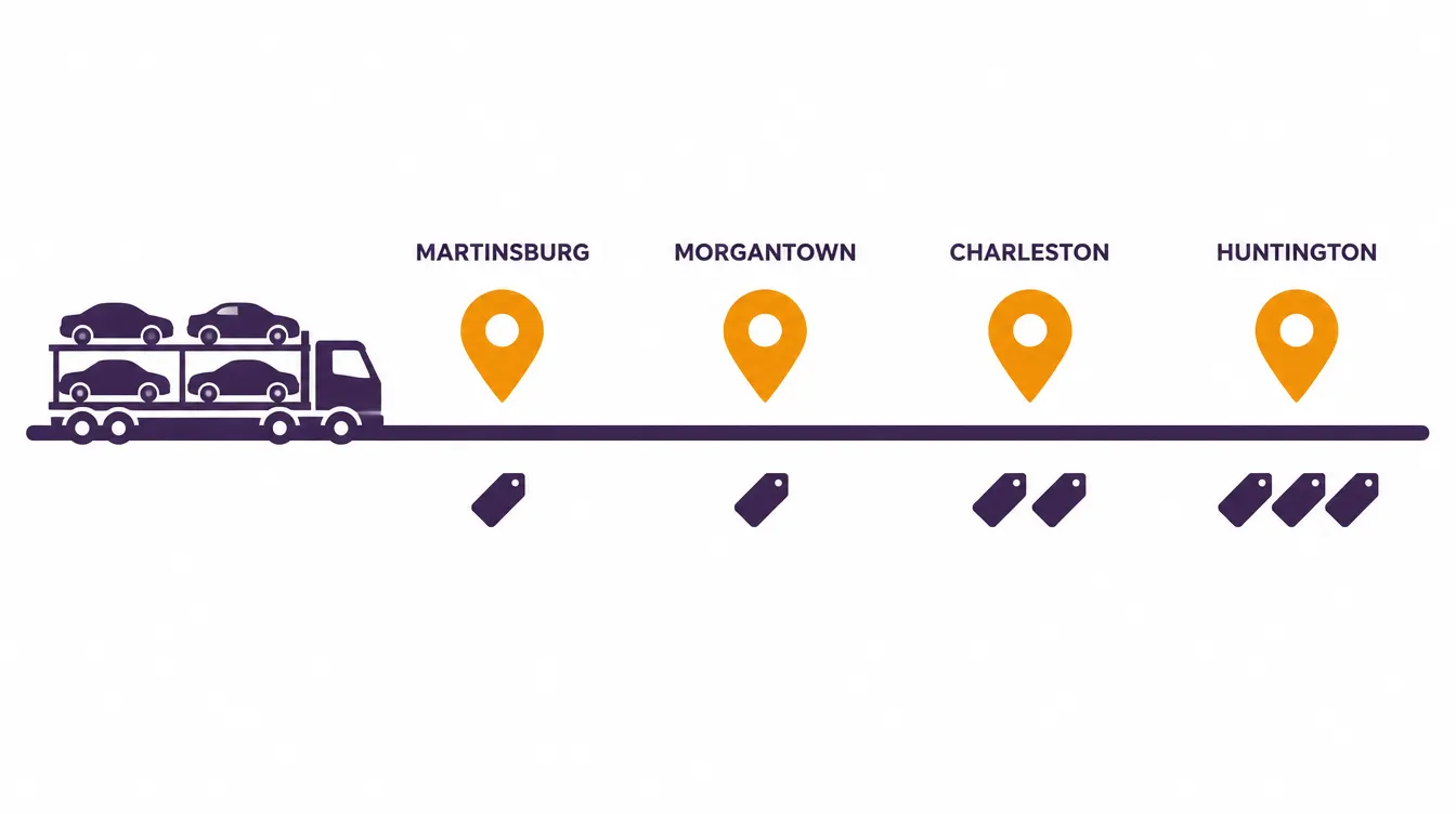 Car hauler on a road with pins for Martinsburg, Morgantown, Charleston and Huntington, marked with one, one, two and three price tags to show cost rising with distance