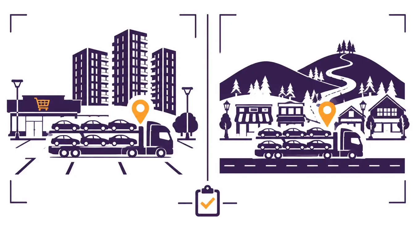 Car hauler loading in a supermarket parking lot below city apartment towers and unloading on a small-town main street below wooded hills, with an inspection checklist between the two scenes