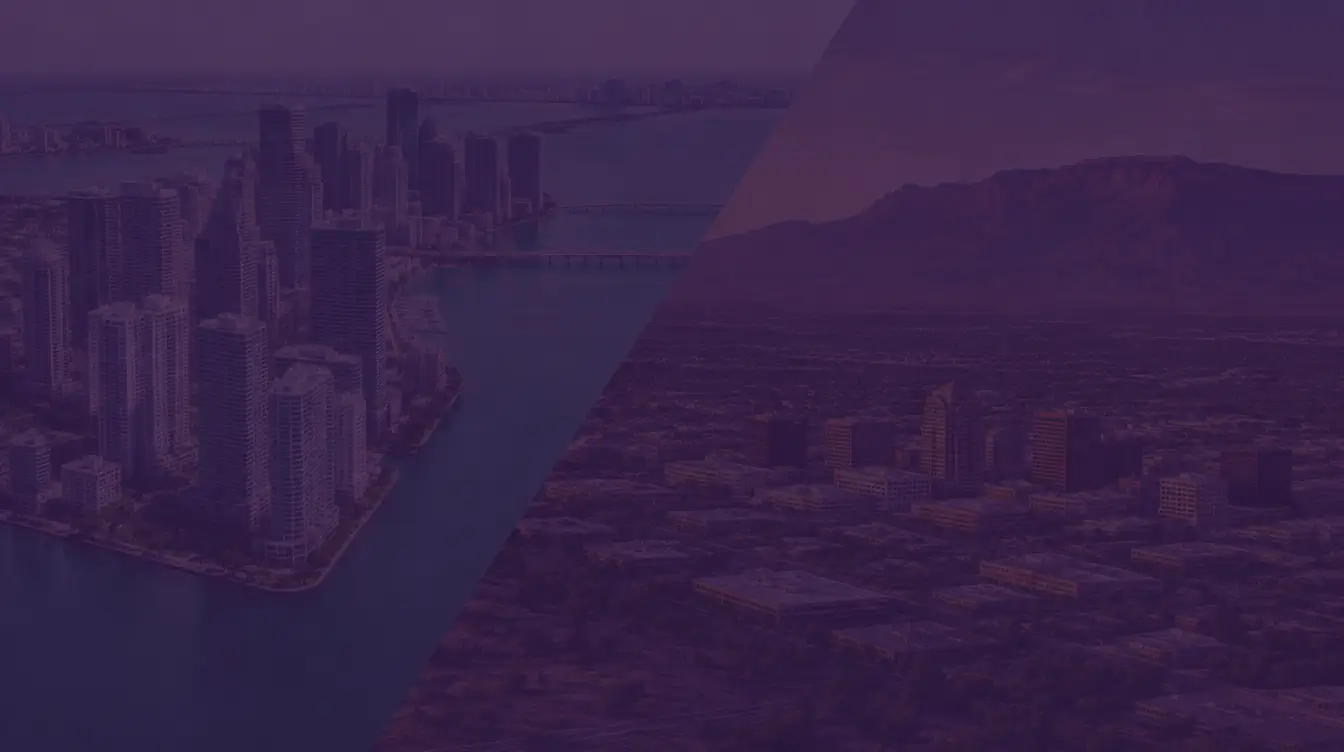 Downtown Miami high-rises along Biscayne Bay joined diagonally to Albuquerque, New Mexico, with the Sandia Mountains rising behind the city, under a dark purple tint