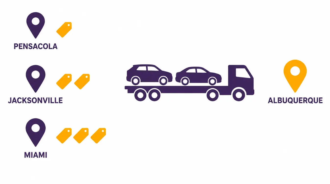 Pins for Pensacola, Jacksonville and Miami with one, two and three price tags beside a car hauler heading to Albuquerque, showing cost rising with distance