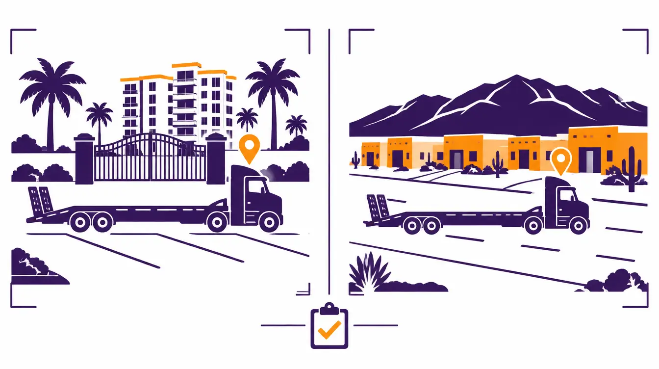 Car hauler waiting outside the gate of a Florida condo community and parked on a desert street of adobe houses below a mountain ridge, with an inspection checklist between the two scenes