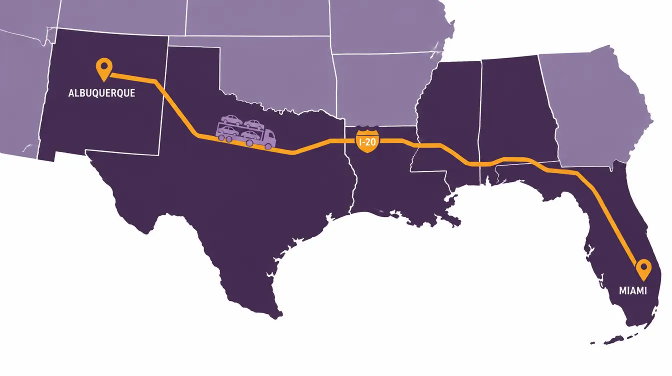 Map of the car shipping route from Miami north through Florida and west across Alabama, Mississippi, Louisiana and Texas to Albuquerque, New Mexico, marked I-20