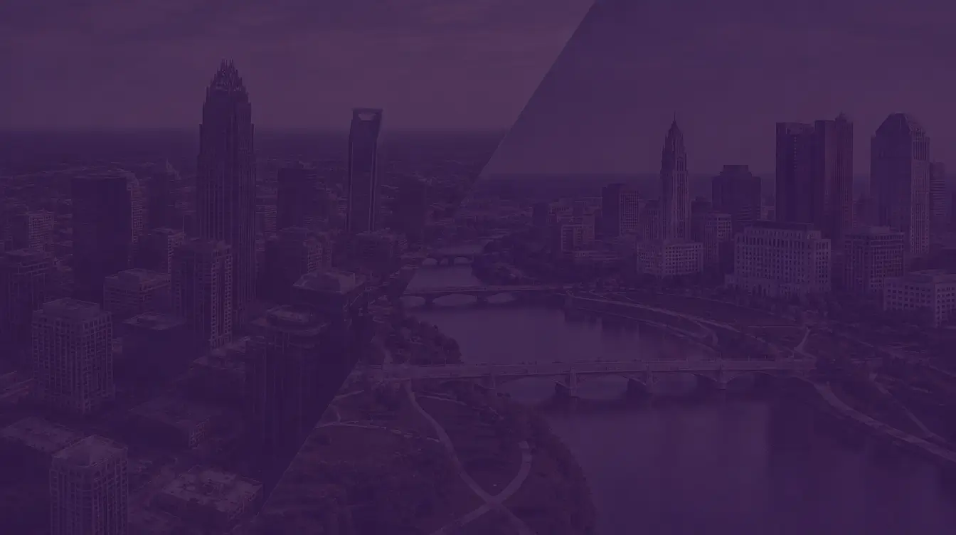 Uptown Charlotte skyline with the crowned Bank of America Corporate Center, joined diagonally to a riverfront downtown skyline with bridges, under a dark purple tint