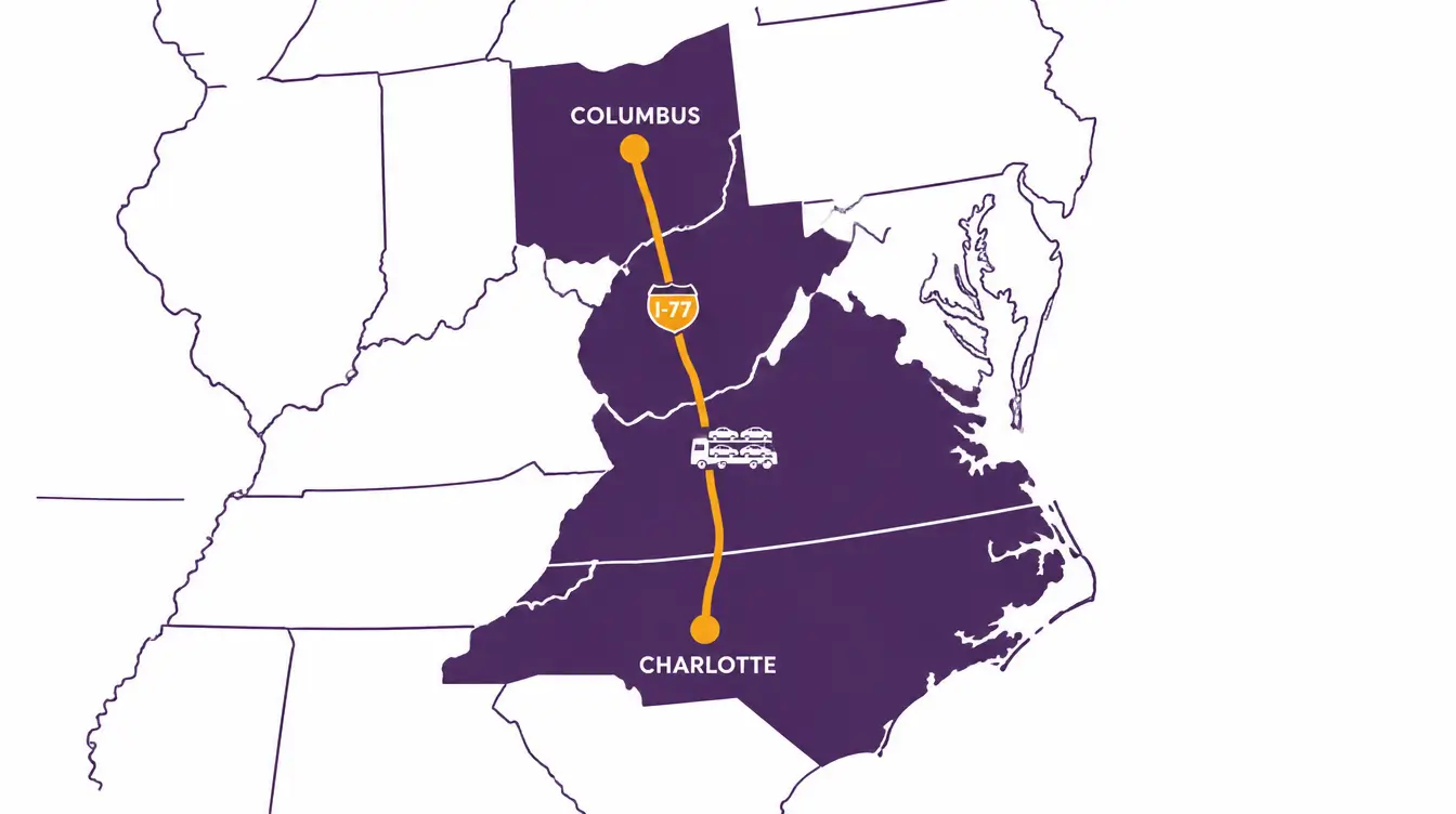 Map of the car shipping route from Charlotte, North Carolina, north through Virginia and West Virginia to Columbus, Ohio, marked I-77