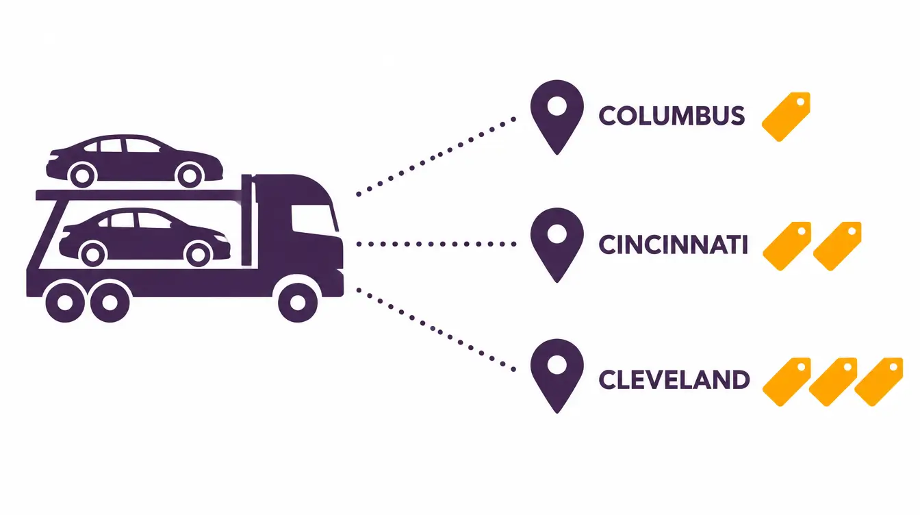 Car hauler with dotted routes to Columbus, Cincinnati and Cleveland marked with one, two and three price tags, showing cost rising with distance