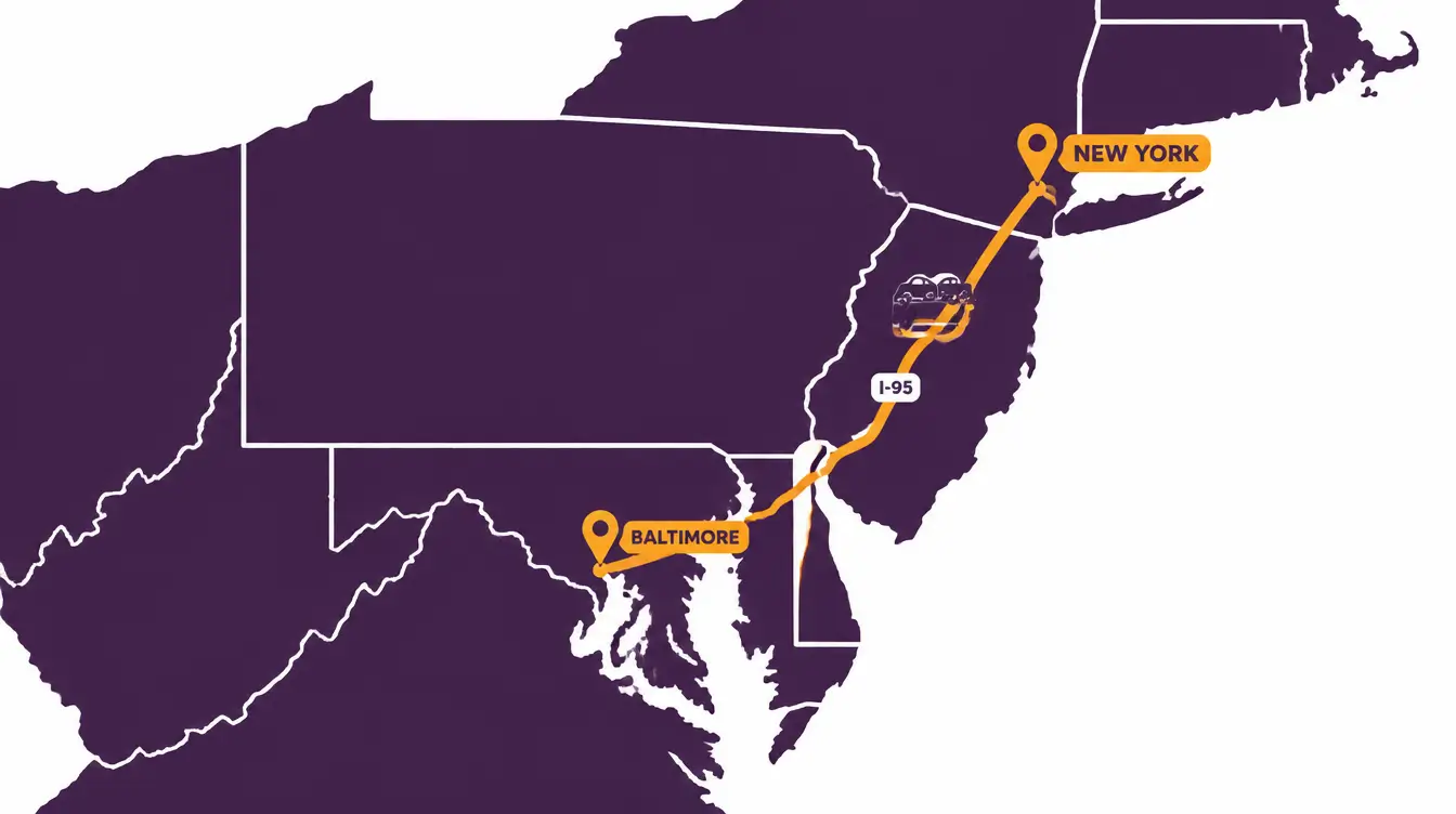 Map of the car shipping route from New York City south through New Jersey and northern Delaware to Baltimore, Maryland, marked I-95, with a car hauler on the route
