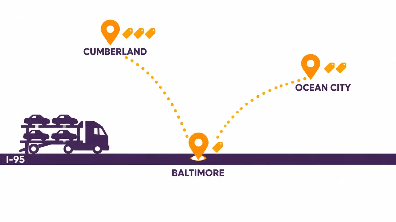 I-95 highway with a car hauler, Baltimore on the route with one price tag, and dotted detours to Ocean City and Cumberland with two and three price tags
