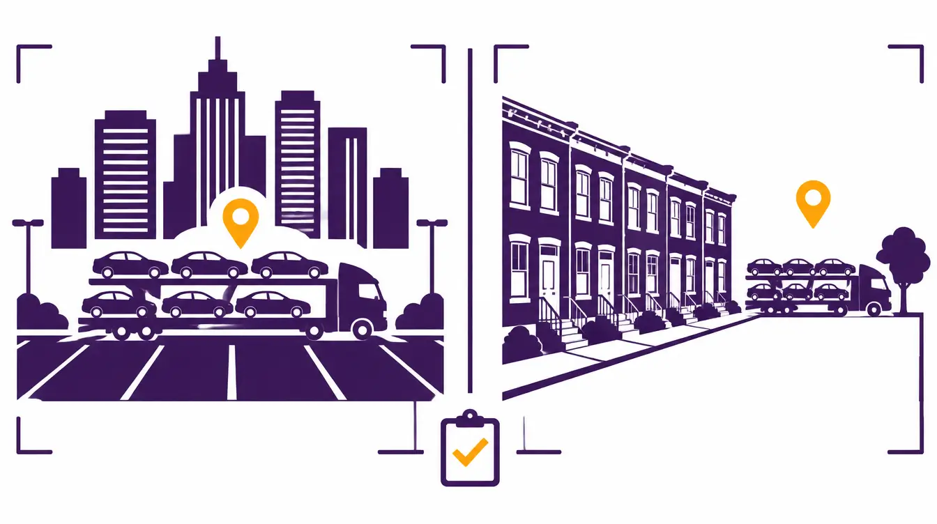 Car hauler in a city parking lot below skyscrapers for pickup, and at the end of a street of brick rowhouses for delivery, with a checklist between the two scenes