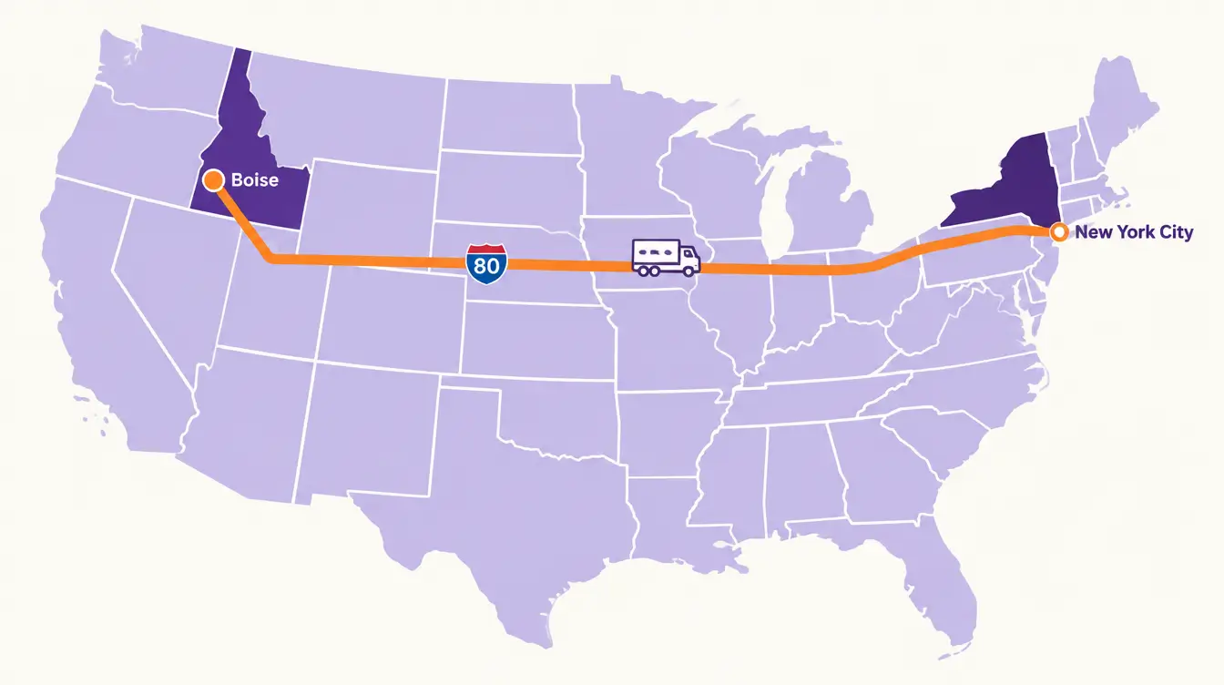 Map of the car shipping route from Boise, Idaho through northern Utah and east on I-80 across Wyoming, Nebraska, Iowa, Illinois, Indiana, Ohio, Pennsylvania and New Jersey to New York City