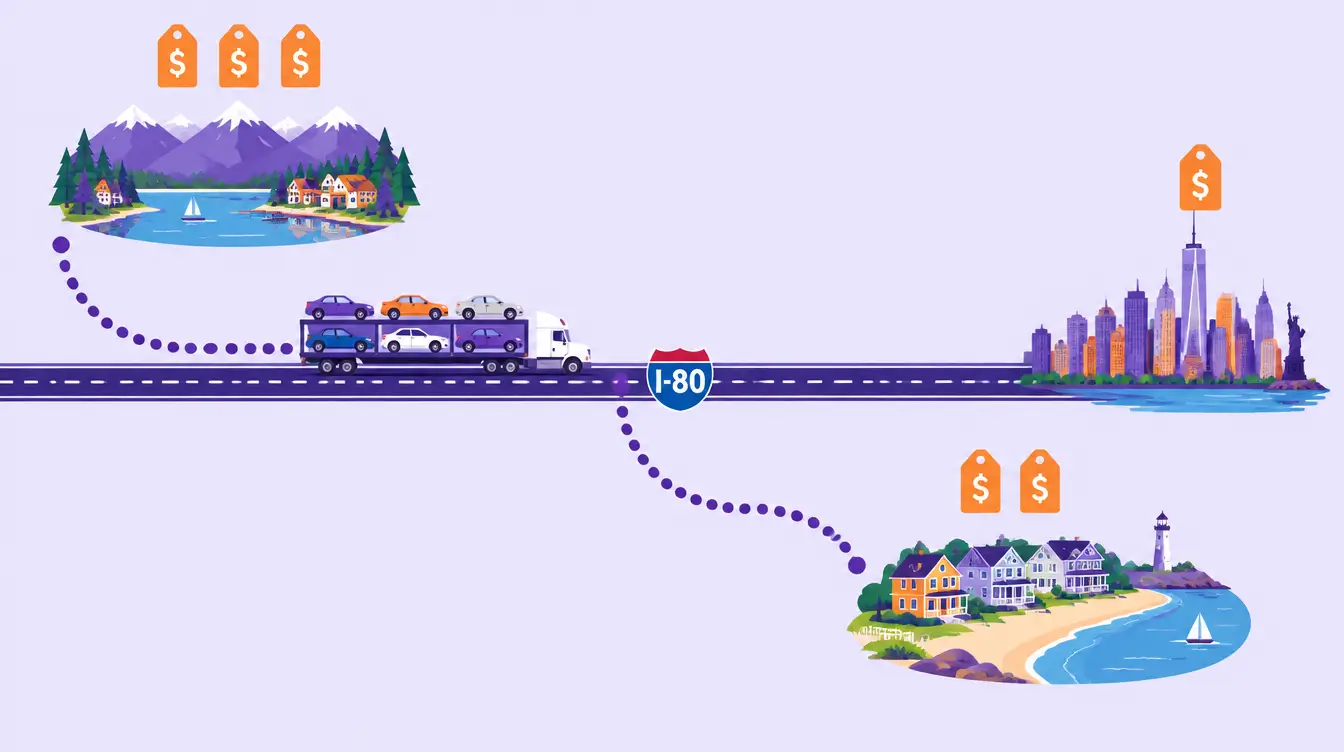 I-80 highway with a loaded car hauler, New York City on the road with one price tag, and dotted detours to a coastal town with two tags and a mountain lake town with three