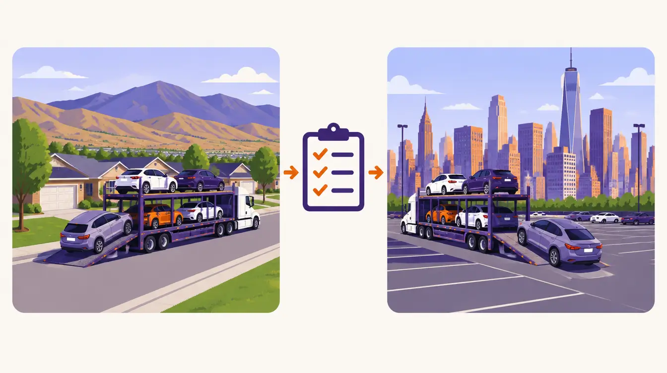 Car hauler loading a car on a suburban street below the Boise foothills, and unloading in a city parking lot below skyscrapers, with a checklist between the scenes