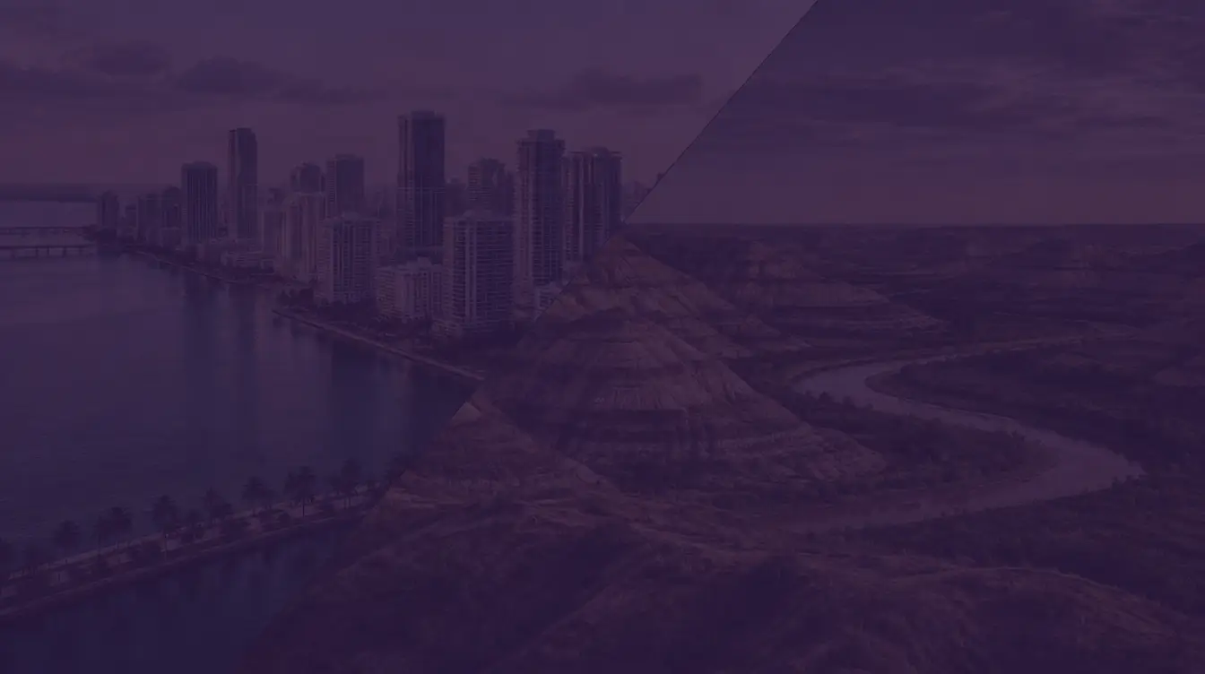 Downtown Miami towers along Biscayne Bay joined diagonally to the striped buttes and winding Little Missouri River of the North Dakota badlands, under a dark purple tint