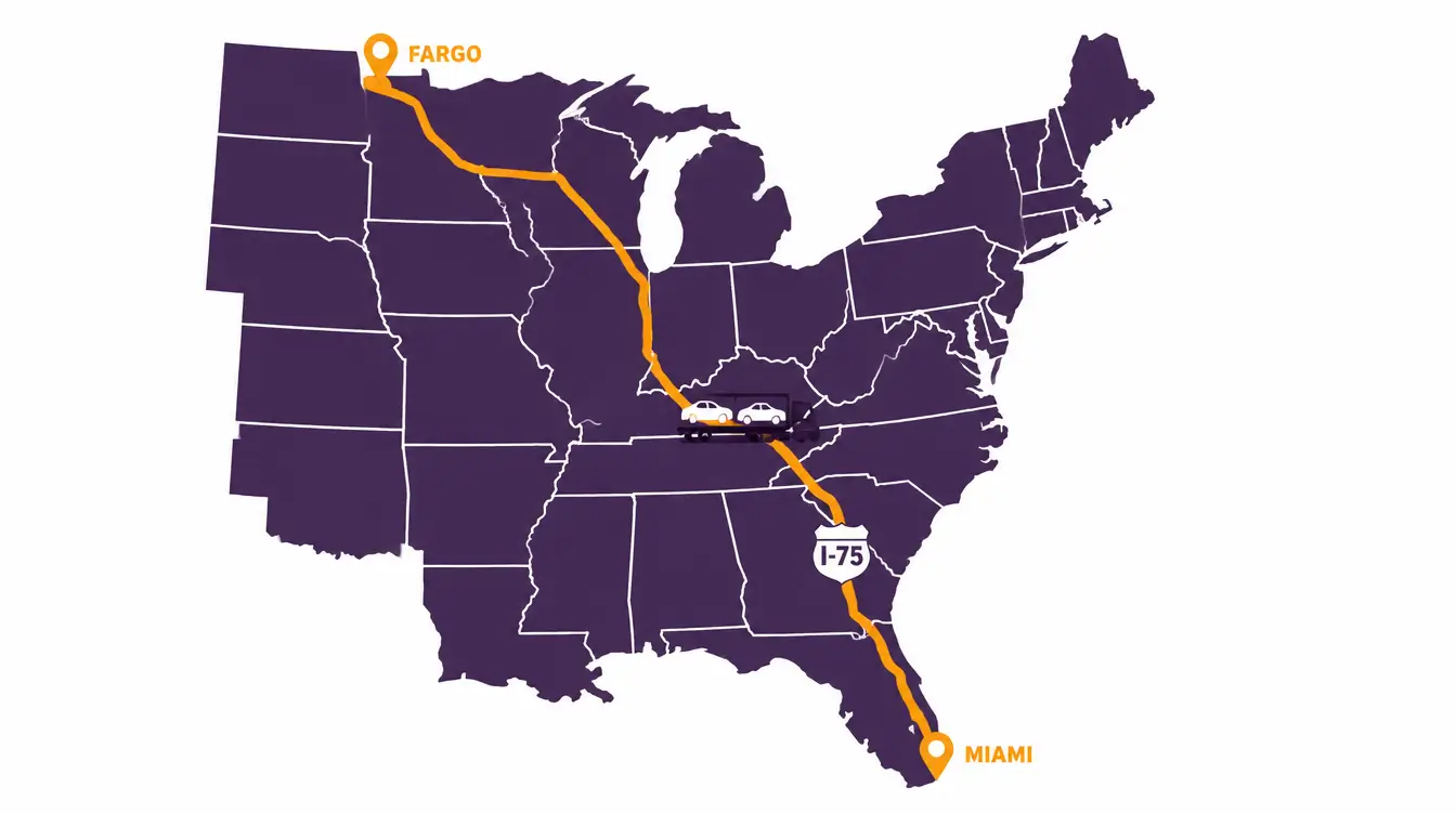 Map of the car shipping route from Miami north through Florida, Georgia, Tennessee, Kentucky, Illinois, Wisconsin and Minnesota to Fargo, North Dakota, marked I-75