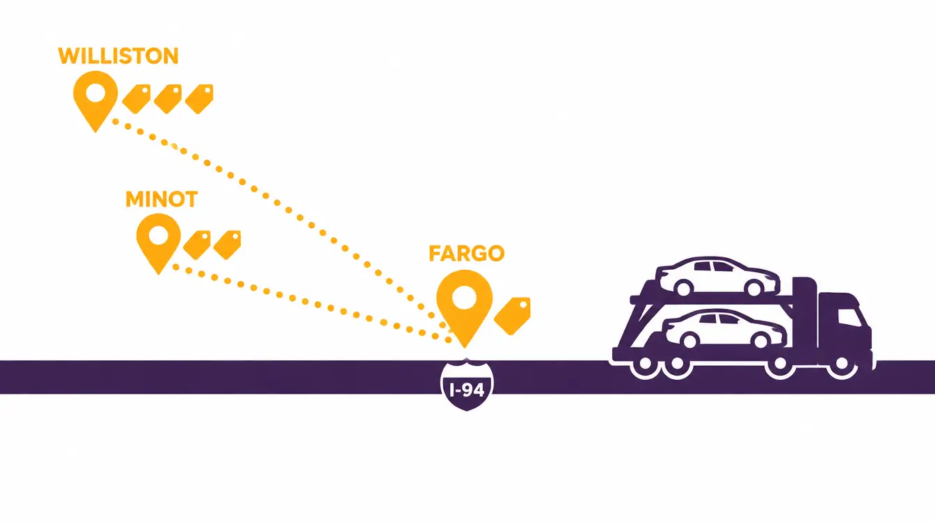 I-94 highway with a loaded car hauler, Fargo on the road with one price tag, and dotted detours to Minot and Williston with two and three price tags