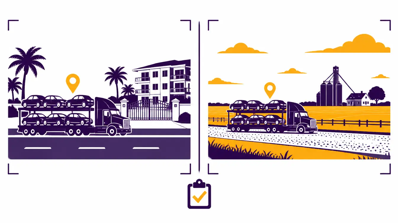 Car hauler parked outside the gate of a Florida condo community with palm trees, and on a gravel road beside farm fields and a grain elevator, with a checklist between the scenes
